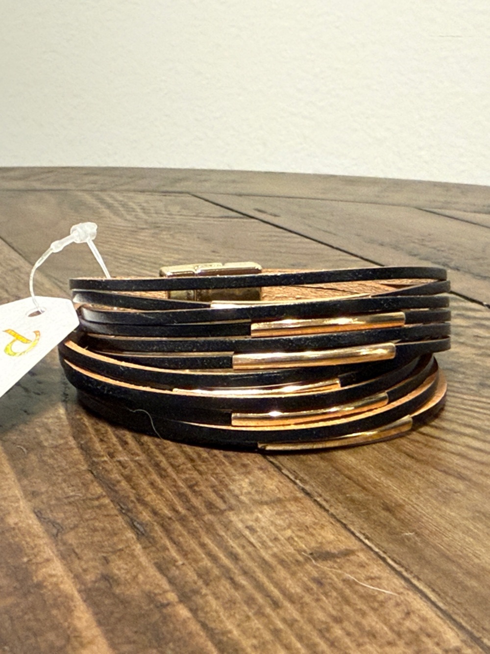 Black Leather Multi-Strand Watch Bracelet with Gold Accents